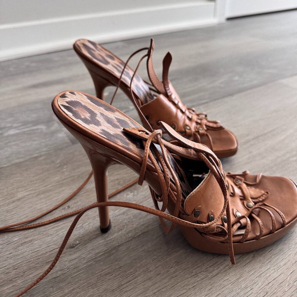 Lace-Up Brown Heeled Mules | Leopard Insole | Strappy Stud Detail
